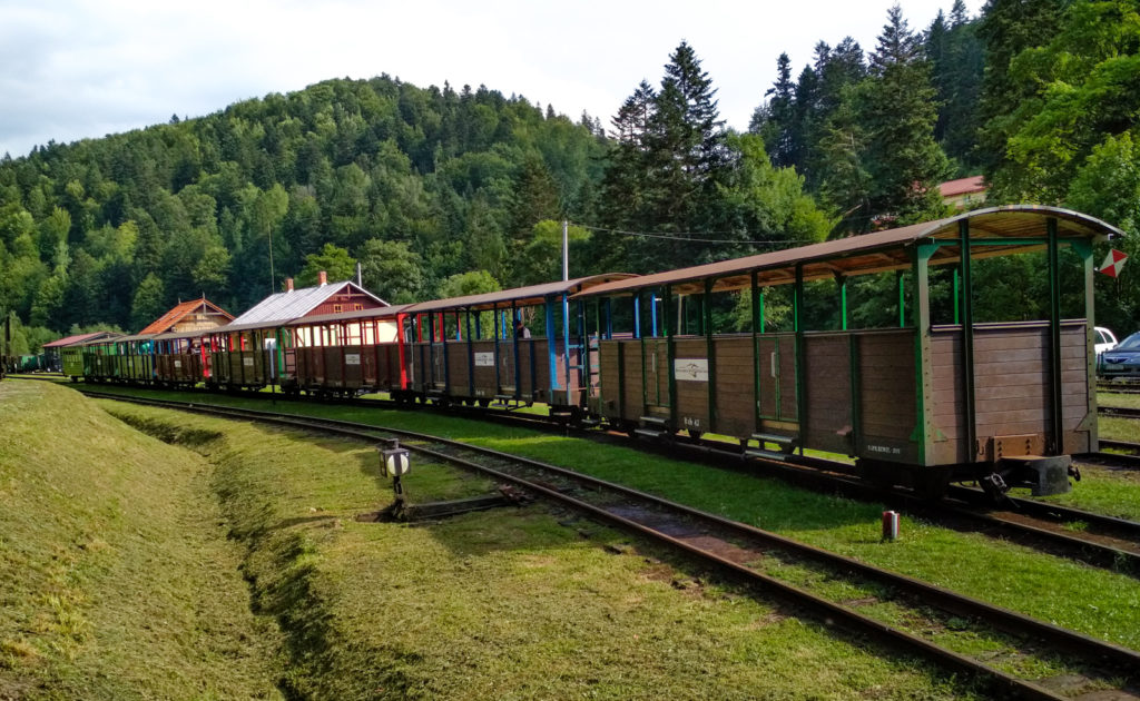 wagony bieszczadzkiej kolejki lesnej na stacji majdan
