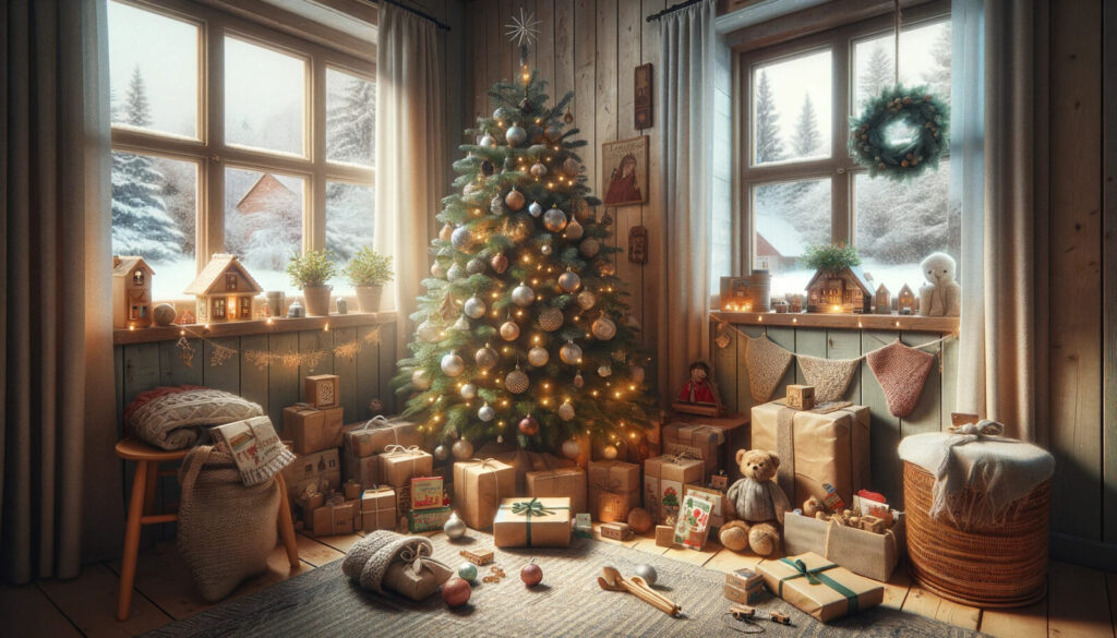 DALL·E 2023 11 10 13.34.12 A realistic and heartwarming wide angle image representing children's gifts for the holidays in a setting typical of Polish tradition. The scene featu