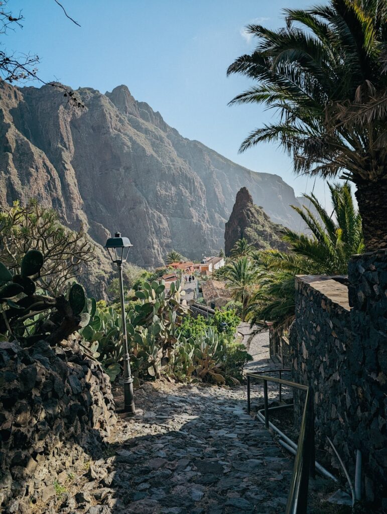 a stone path with a mountain in the background