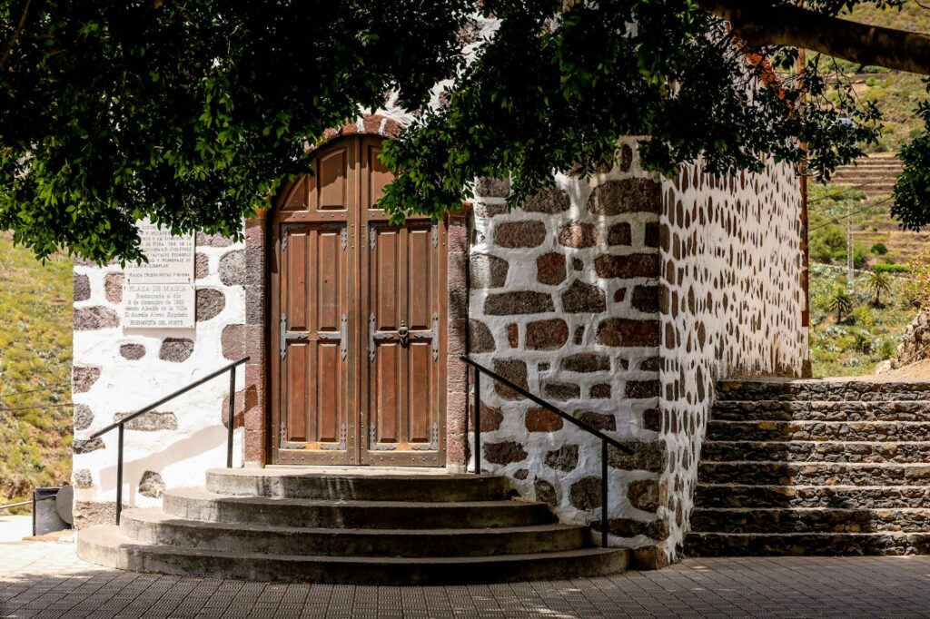 a door on a stone building